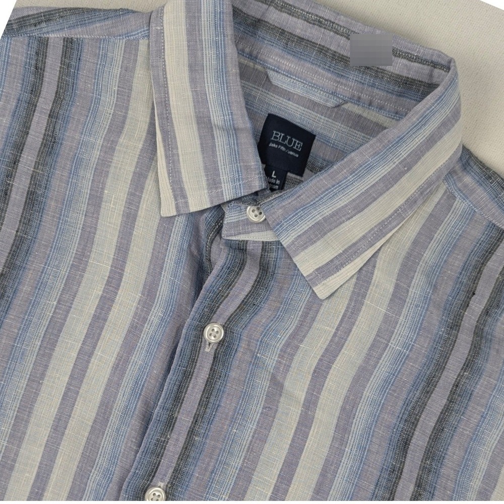 Saks Fifth Ave BLUE Mens Linen Striped ButtonTab Sleeve Button Down Shirt Blue L